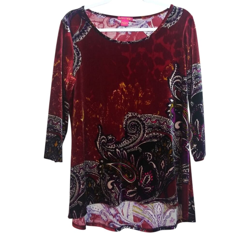 Sunny Leigh Velour Paisley Print Boho Burgundy 3/4 Sleeve Top Size L